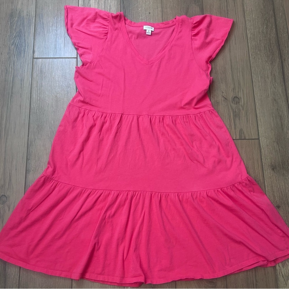 J. Crew Tea Rose Pink Flutter Sleeve Tiered Dress Woman's Medium V Neck